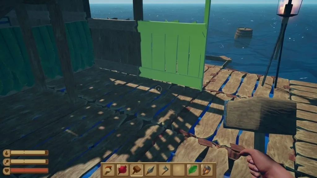 Raft Cheats player ESP — distance labels and threat markers on the ocean